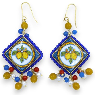 Pendientes de baldosas de piedra de lava, decoración de mayólica siciliana azul, h 7 cm - Perlas y piedras naturales, co