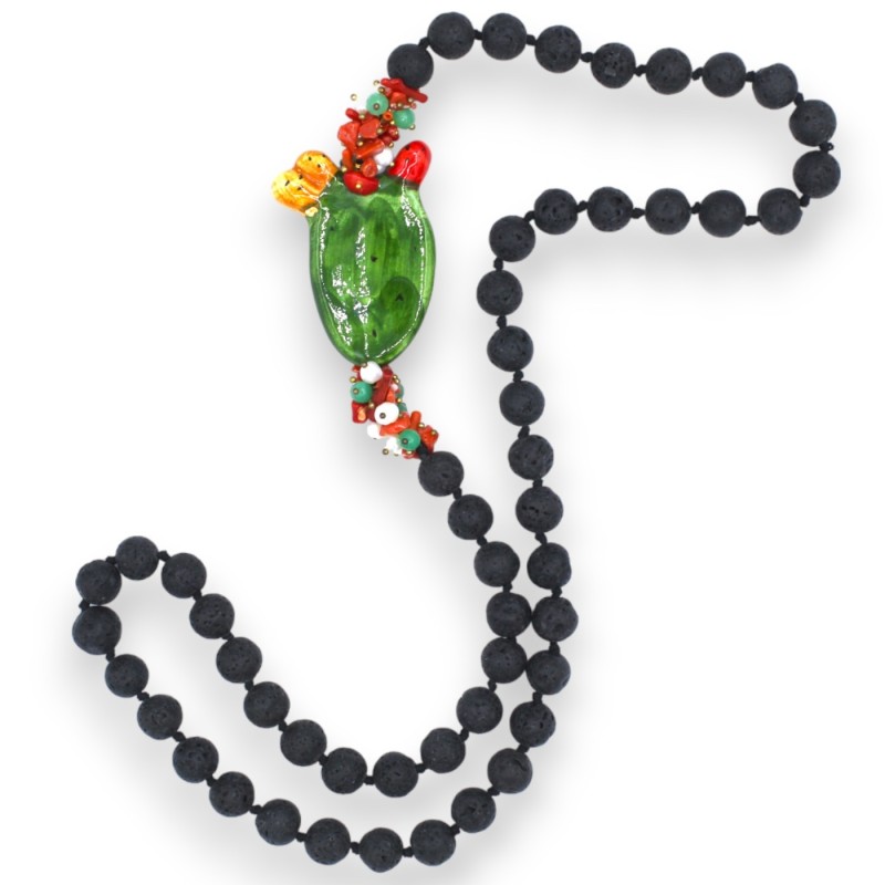 Necklace with lava stone spheres and prickly pear shovel in Caltagirone ceramic, L 80 cm approx. pearls and natural ston