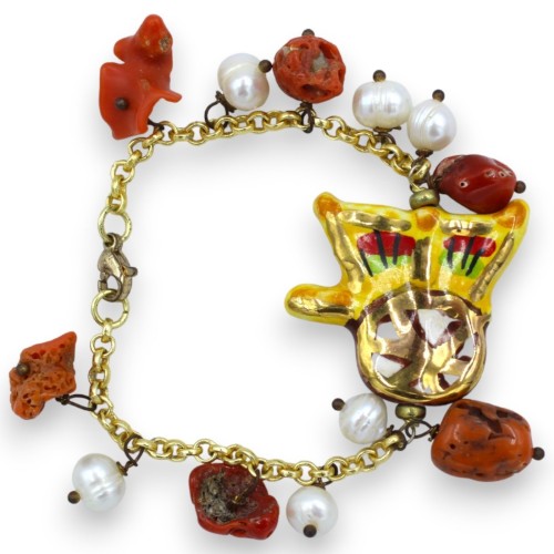Schakelarmband met parels, L ca. 17 cm Siciliaanse kar van Caltagirone-keramiek, 24-karaats puur goudglazuur - 