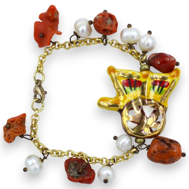 Bracciale catena con Perle, L 17 cm ca. carretto siciliano in ceramica Caltagirone, smalto Oro Zecchino 24k - 