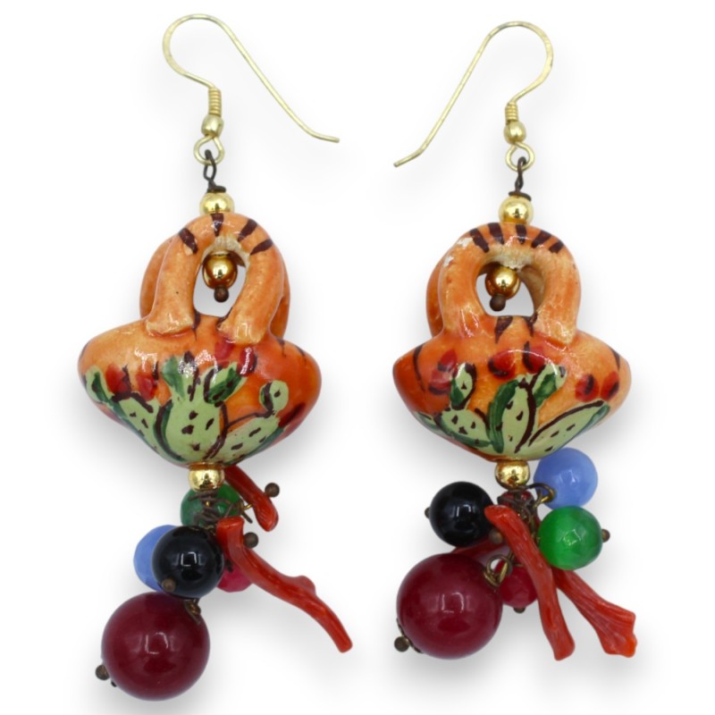 Caltagirone ceramic Sicilian crow's nest earrings, h approx. 8 cm. prickly pear blades, green agate, bamboo corals, blac