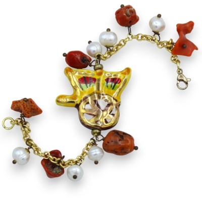 Pulseira de corrente com pérolas, L aproximadamente 17 cm Carrinho siciliano em cerâmica Caltagirone, esmalte em ouro pu