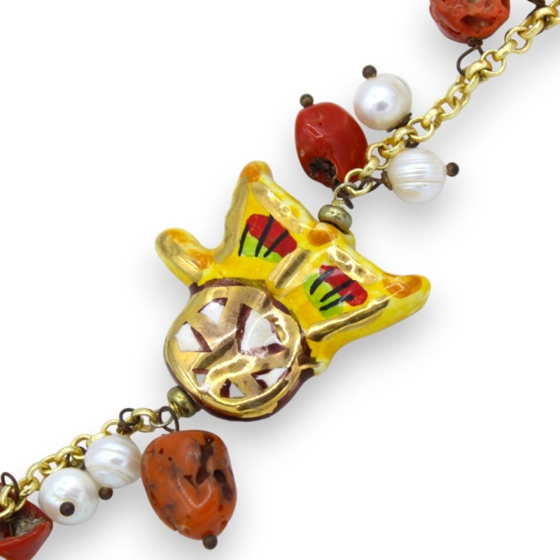 Bracciale catena con Perle, L 17 cm ca. carretto siciliano in ceramica Caltagirone, smalto Oro Zecchino 24k - 