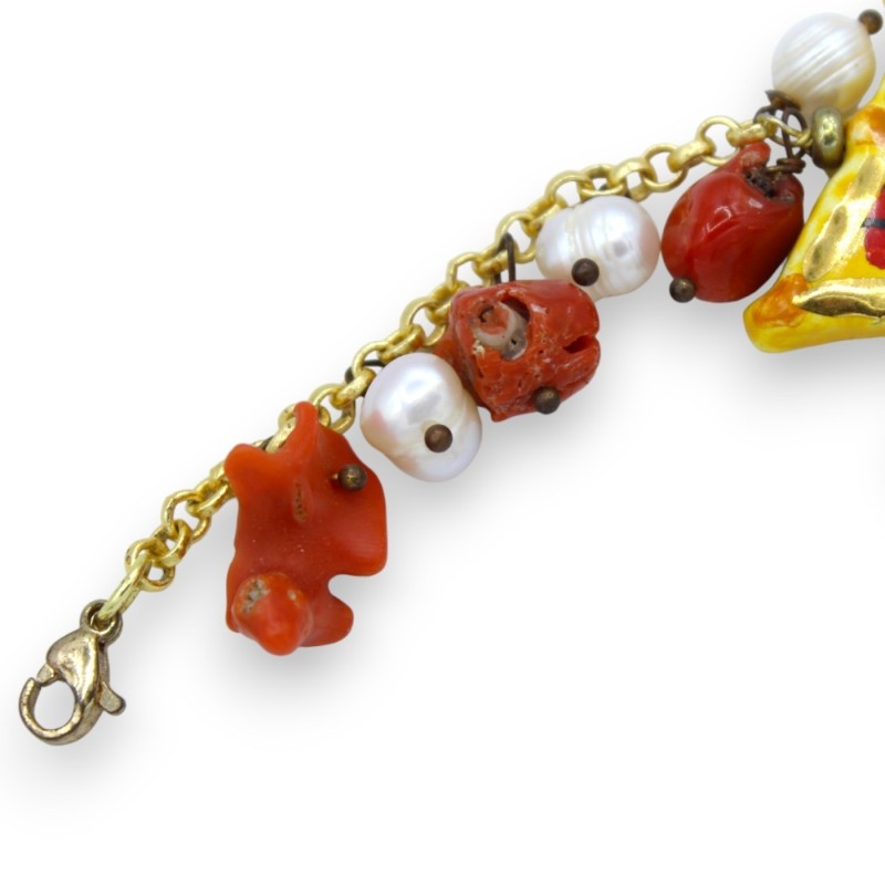 Bracciale catena con Perle, L 17 cm ca. carretto siciliano in ceramica Caltagirone, smalto Oro Zecchino 24k - 