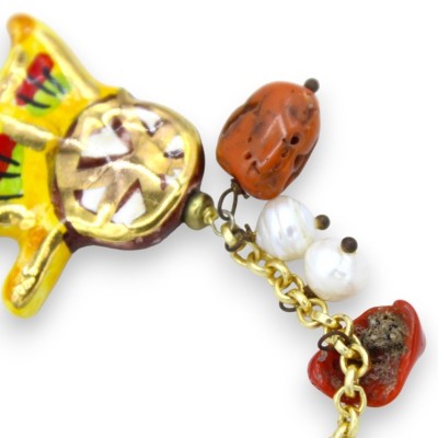 Pulseira de corrente com pérolas, L aproximadamente 17 cm Carrinho siciliano em cerâmica Caltagirone, esmalte em ouro pu