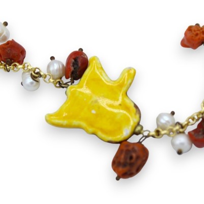 Pulseira de corrente com pérolas, L aproximadamente 17 cm Carrinho siciliano em cerâmica Caltagirone, esmalte em ouro pu