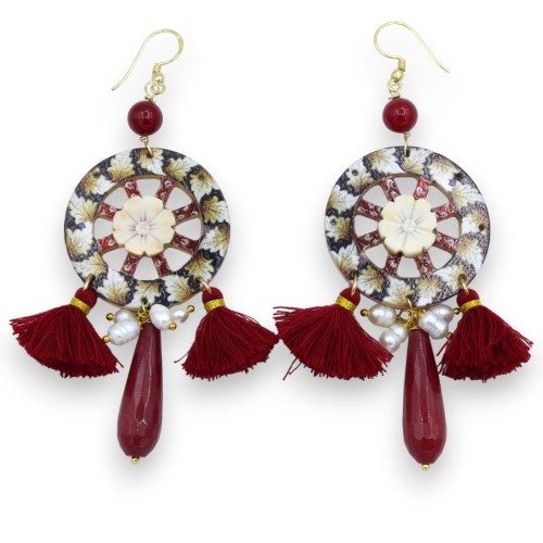 Wooden earrings in the shape of a Sicilian cart wheel with cameo insert, natural stones and tassels - 