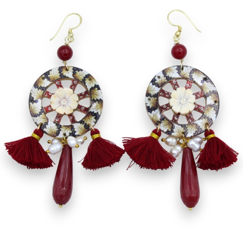 Wooden earrings in the shape of a Sicilian cart wheel with cameo insert, natural stones and tassels - 