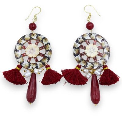Wooden earrings in the shape of a Sicilian cart wheel with cameo insert, natural stones and tassels - 