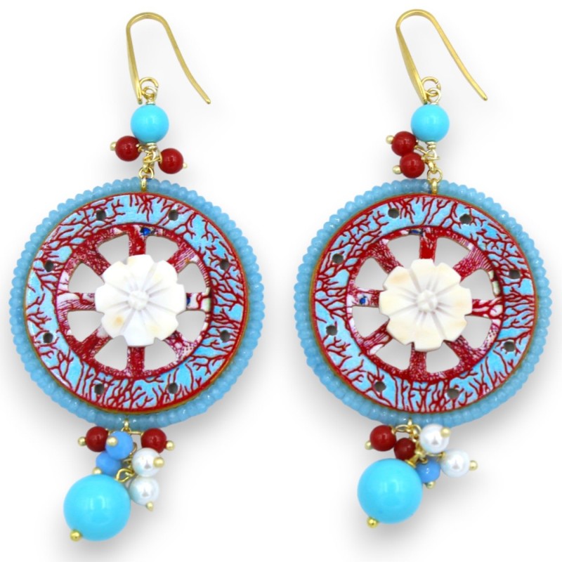 Sicilian cart wheel wooden earrings, with cameo insert, approx. h 9 cm. natural stones, crystals and turquoise paste - 