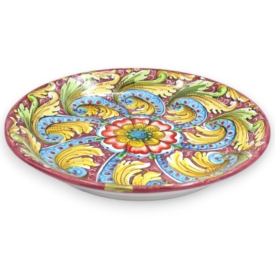 Ceramiczny talerz ozdobny Caltagirone, Ø ok. 37 cm barokowa dekoracja i kwiat na bordowym tle MD2 - 