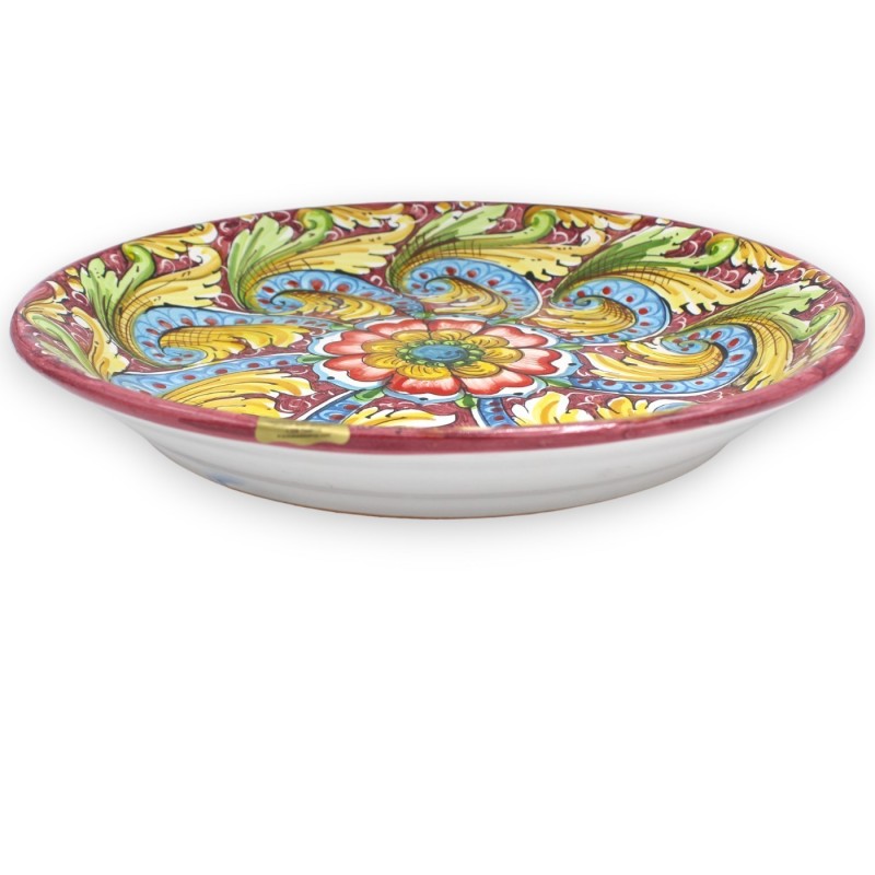 Caltagirone ceramic ornamental plate, Ø approx. 37 cm baroque decoration and flower on a burgundy background MD2 - 