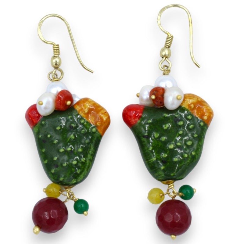 Caltagirone ceramic earrings, in the shape of a prickly pear shovel with green agate, scaramazza pearls and natural ston