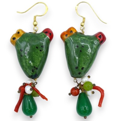 Orecchini ficodindia in ceramica Caltagirone - h 8 cm ca. con Agata verde, corallo Bambù e pietre Naturali - 