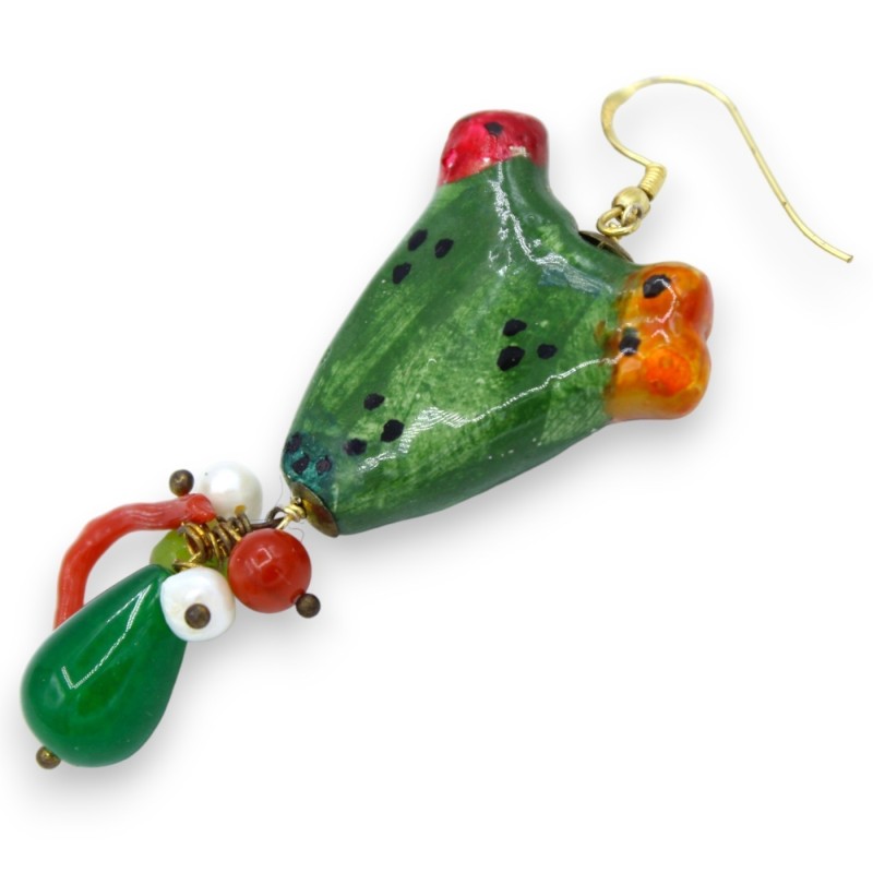 Kolczyki ceramiczne opuncji Caltagirone - ok. 8 cm z zielonym agatem, koralem bambusowym i kamieniami naturalnymi - 