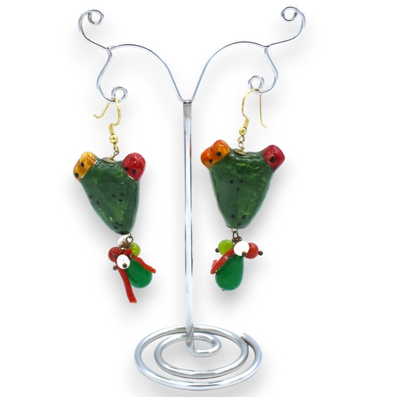 Orecchini ficodindia in ceramica Caltagirone - h 8 cm ca. con Agata verde, corallo Bambù e pietre Naturali - 