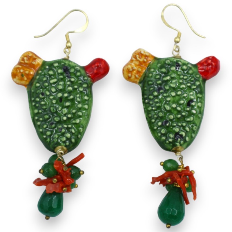 Caltagirone ceramic prickly pear earrings, approx. h 9 cm. with bamboo coral and green agate stone - 