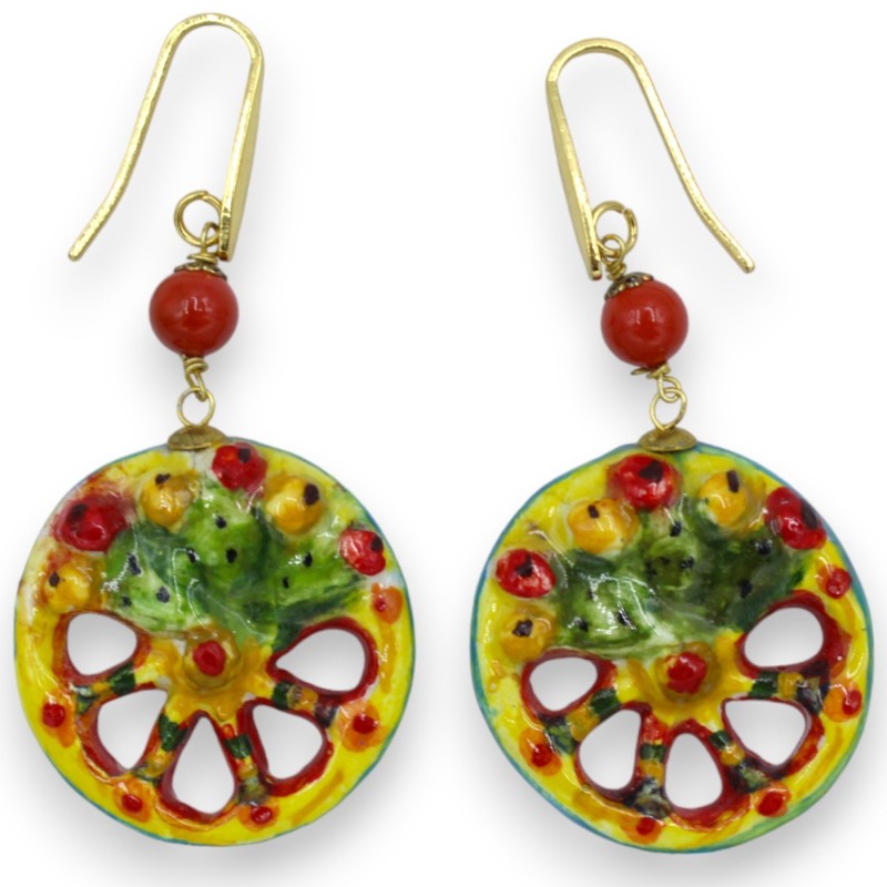 Sicilian cart wheel earrings in Caltagirone ceramic, h approx. 6 cm. with Mallorcan pearl - 