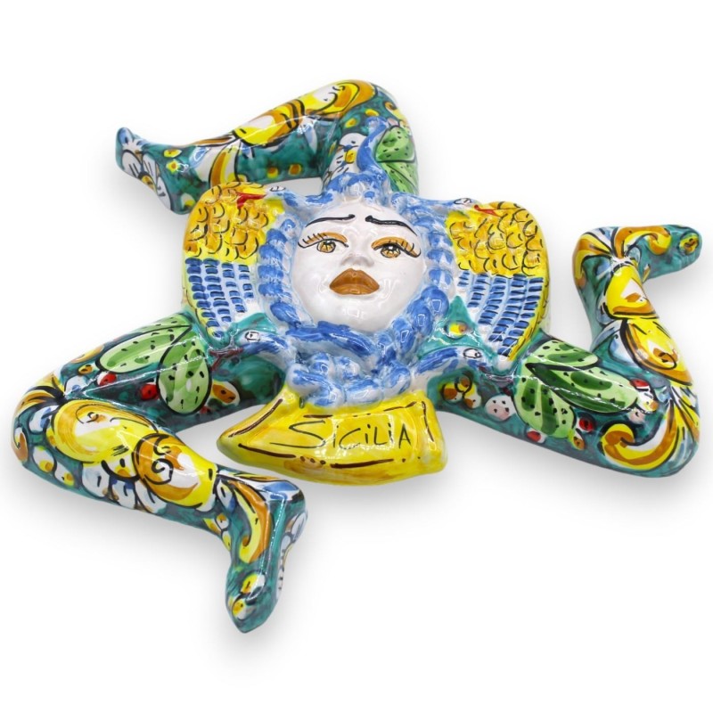 Trinacria ceramica Caltagirone, h 35 cm ca. decoro limoni e pale di ficodindia, fondo verderame - 