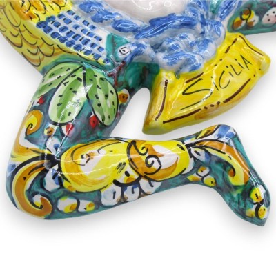 Trinacria ceramica Caltagirone, h 35 cm ca. decoro limoni e pale di ficodindia, fondo verderame - 