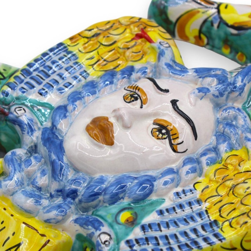 Trinacria ceramica Caltagirone, h 35 cm ca. decoro limoni e pale di ficodindia, fondo verderame - 