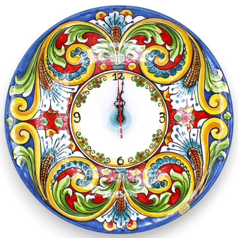Orologio in ceramica Caltagirone, Ø 37 cm ca. Con Ingranaggio, decoro barocco e floreale, fondo blu e rosso - 