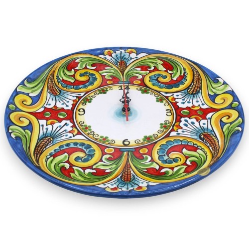 Orologio in ceramica Caltagirone, varie misure (1Unità) Con Ingranaggio, decoro barocco e floreale, fondo blu e rosso -  2