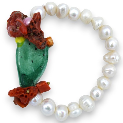 Pulseira com Pérolas L cerca de 17 cm pedras naturais e pá Ficodindia de cerâmica Caltagirone - 