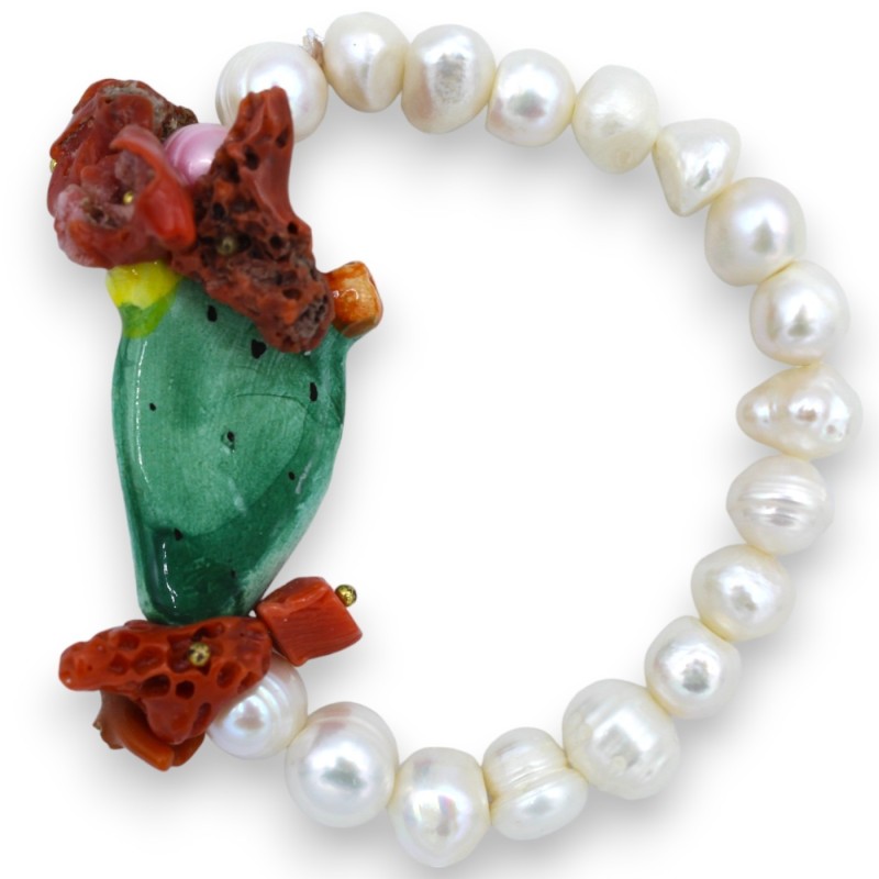 Armband mit Perlen L ca. 17 cm Natursteine und Ficodindia-Schaufel aus Caltagirone-Keramik - 