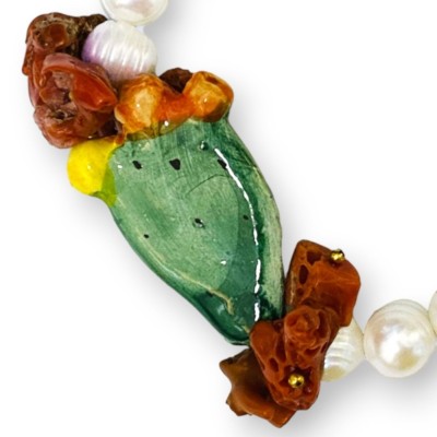 Pulseira com Pérolas L cerca de 17 cm pedras naturais e pá Ficodindia de cerâmica Caltagirone - 