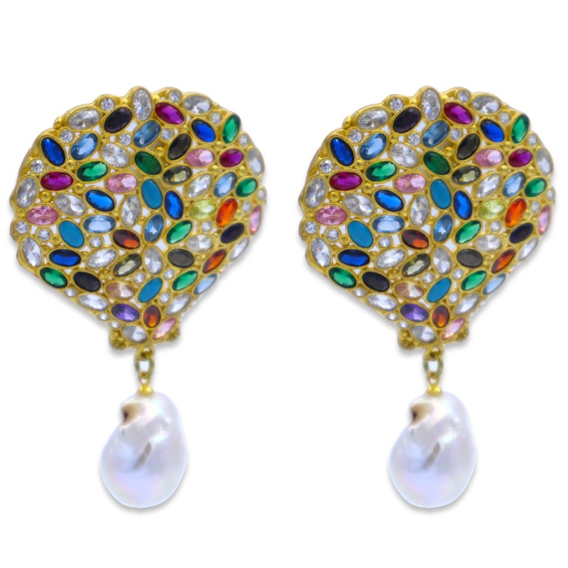 Boucles d'oreilles Scaramazze avec cristaux, émail et perles, en forme de queue de paon, environ h 7 cm. - 