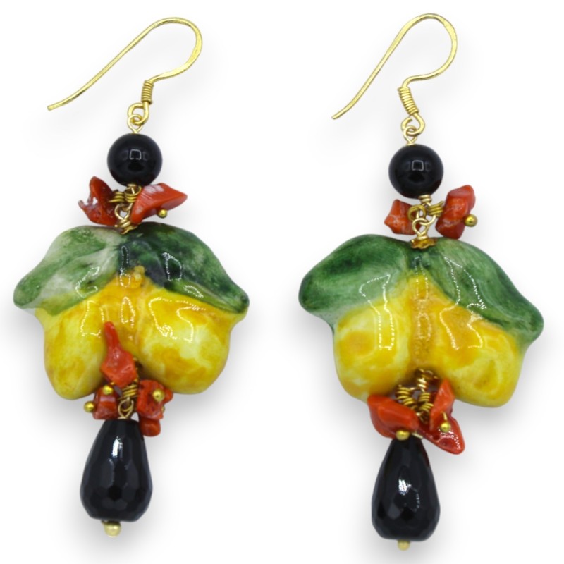 Caltagirone ceramic lemon earrings, h approx. 7 cm. with bamboo coral and onyx stones - 