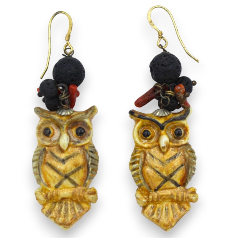 Owl earrings in Caltagirone ceramic, h approx. 7 cm. with Onyx stone and Bamboo coral - 