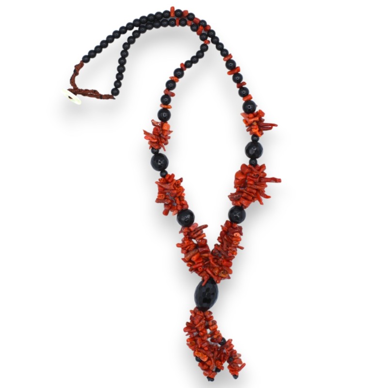 Handgjort halsband med korall- och onyxstenar, L 70 cm + 7 cm ca. - 