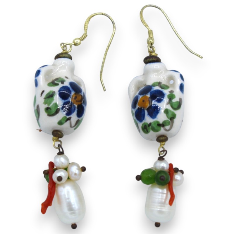 Amphora earrings in Caltagirone ceramic, h approx. 7 cm. with scaramazze pearls, bamboo coral and natural stones - 