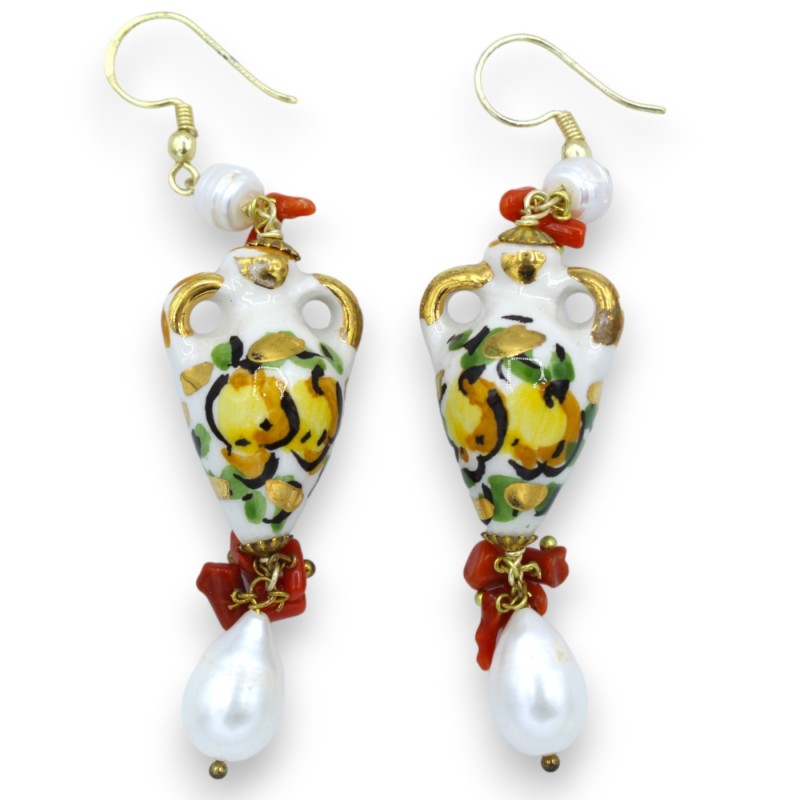 Amphora earrings in Caltagirone ceramic, h approx. 8 cm. scaramazze pearls and Bamboo coral, 24k gold enamel - 