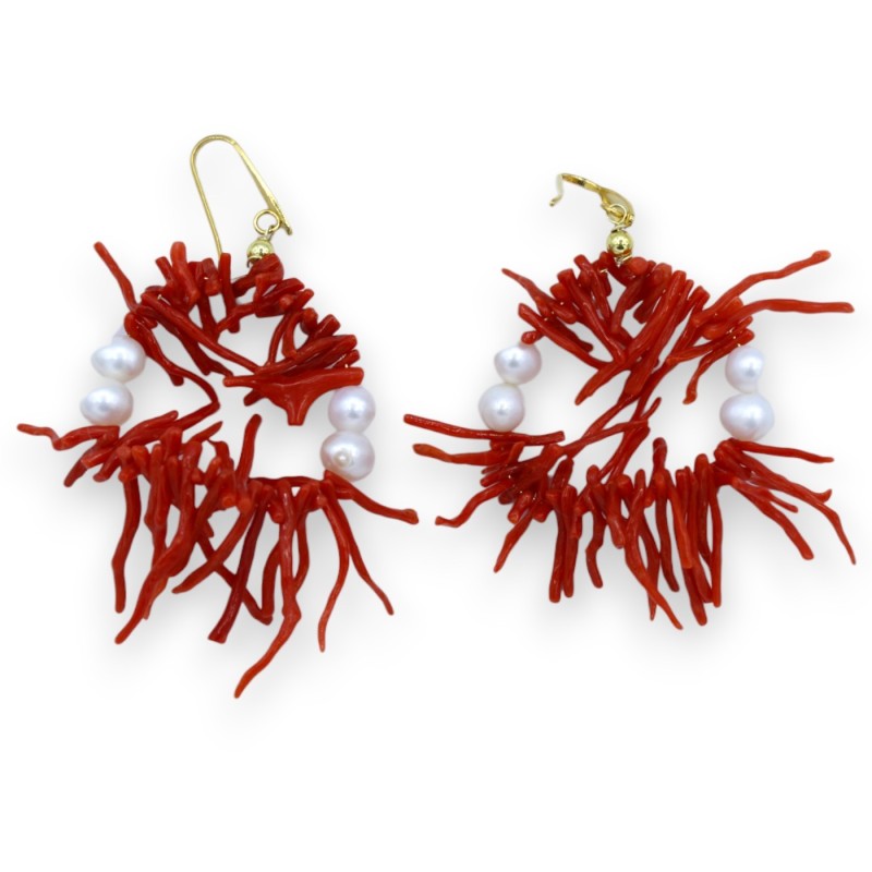Dangle hoop earrings - h approx. 7 cm with bamboo coral branches and natural pearls - 
