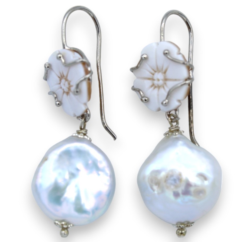 925 Silver lever earrings h 5 cm with Cameo and Scaramazze pearls - 