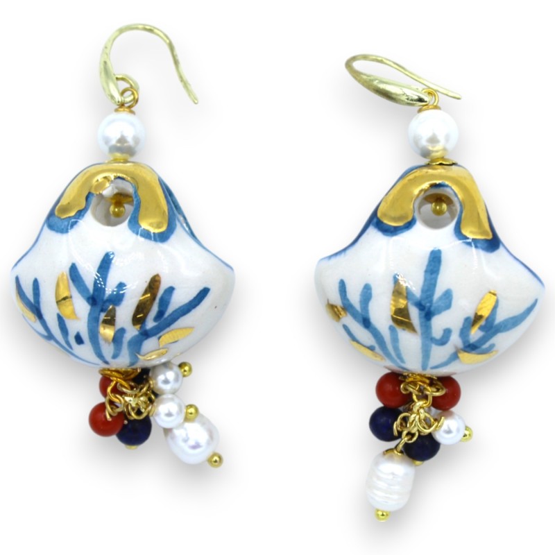 Round crow's nest earrings in Caltagirone ceramic - h approx. 7 cm finished with 24k pure gold enamel and natural stones