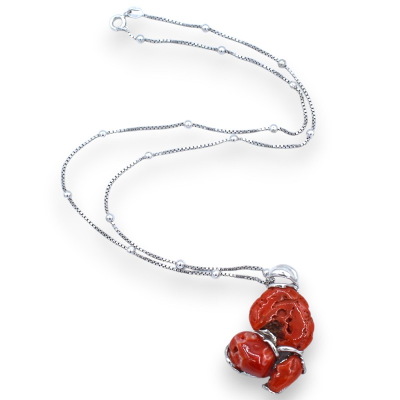 925 Silver Necklace, L 48 + 4 cm approx. with Torre del Greco coral pendant - 