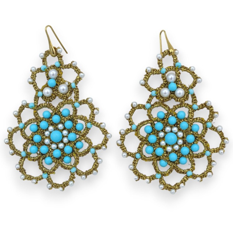 Tatting lace earrings - approx. h 9 cm with pearls and turquoise paste - 