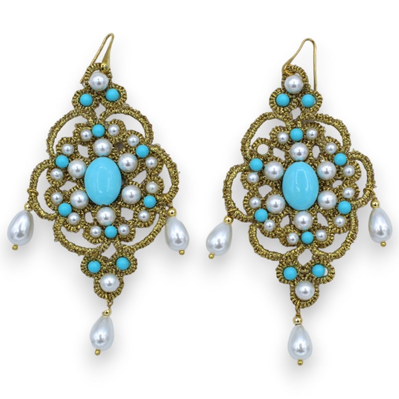 Tatting lace earrings - approx. h 10 cm with natural pearls and turquoise paste - 