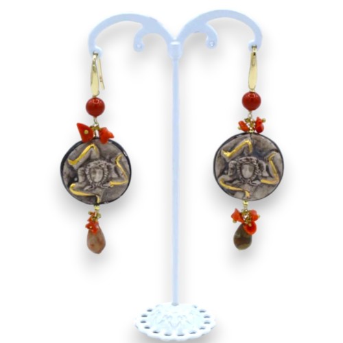 Caltagirone ceramic Trinacria earrings, approx. 9 cm high. Mallorcan pearls, natural stones and 24k pure gold enamel -  2