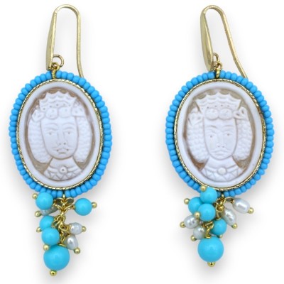 Pendientes colgantes con camafeo marrón oscuro, altura aproximada 7 cm. perlas scaramazze y turquesa - 