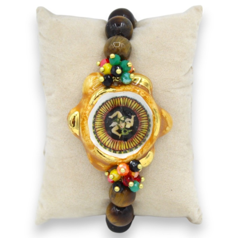 Pulseira com esferas de pedra olho de tigre, C aproximadamente 18 cm Pandeiro de cerâmica siciliano Caltagirone, esmalte