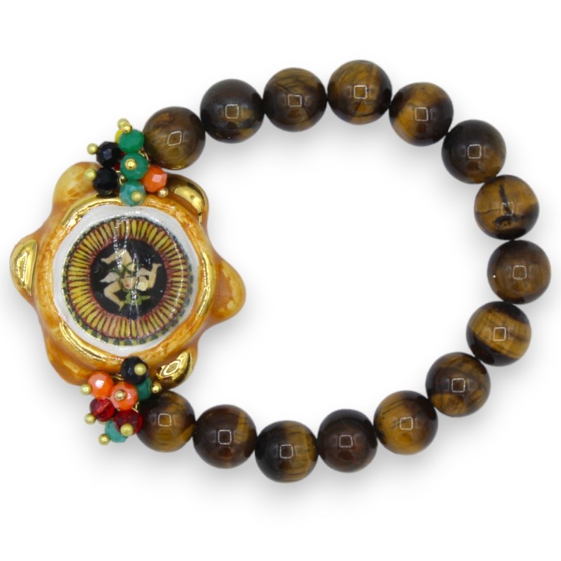 Bracelet with tiger's eye stone spheres, L approx. 18 cm Sicilian Caltagirone ceramic tambourine, 24k gold enamel - 