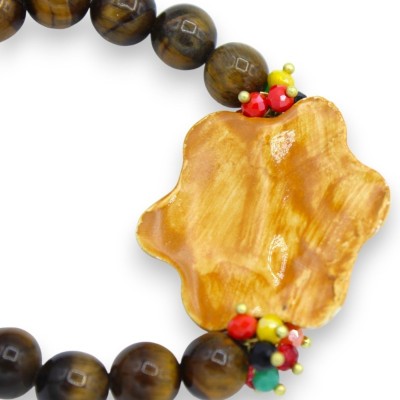 Pulseira com esferas de pedra olho de tigre, C aproximadamente 18 cm Pandeiro de cerâmica siciliano Caltagirone, esmalte
