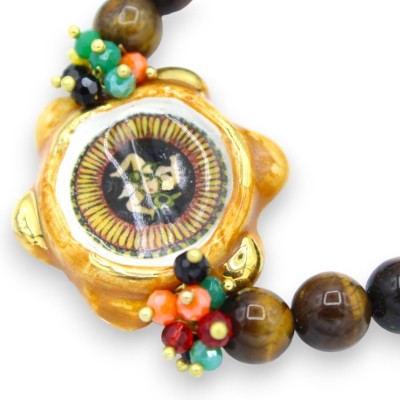 Pulseira com esferas de pedra olho de tigre, C aproximadamente 18 cm Pandeiro de cerâmica siciliano Caltagirone, esmalte