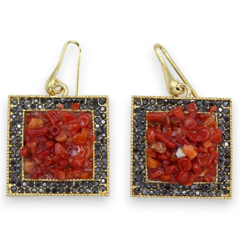 Square Brass Earrings - h approx. 4 cm with bamboo coral and smoky crystals - 