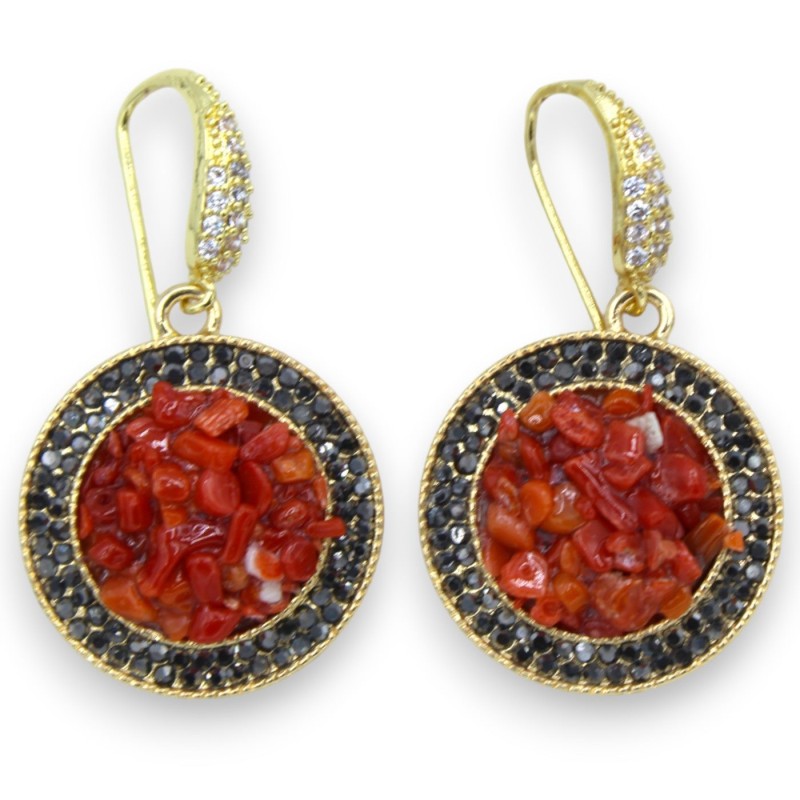 Round Brass Earrings - h approx. 4 cm with bamboo coral and smoky crystals - 